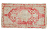 Distressed Turkish Oushak rug, faded raspberry red medallion, ivory field with floral design, 2'10