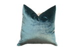 Luxe velvet throw pillow in rich peacock teal blue, 20x20 inches.