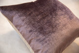 Close-up of velvet pillow in light lavender plum, revealing soft texture and linen backing.