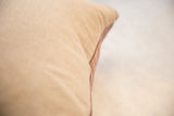Velvet throw pillow with light neutral fabric texture and piped edge.