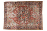 Antique Heriz Persian carpet, quatrefoil medallion, red field, navy border, 8'7