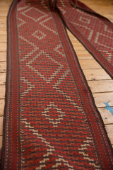 Brick red, wine red, and ivory geometric pattern on an antique Verneh runner.
