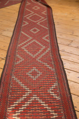 Antique Verneh rug, hand woven brick red geometric pattern, ivory, blue tones, and historic wear.