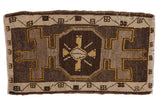 Distressed vintage Oushak rug, primitive central medallion, meandering border, ivory, chocolate, saffron hues.