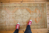 Detail of distressed vintage Oushak rug runner showing pale terra cotta, sand, and germinating plants.