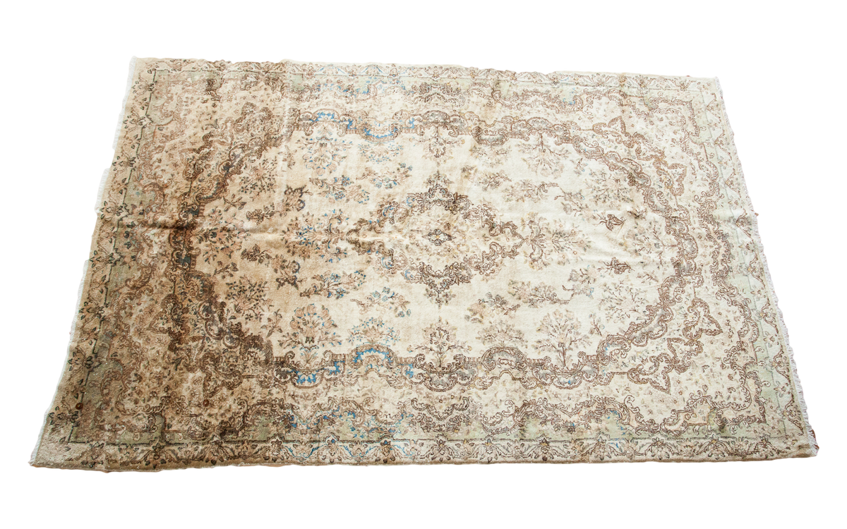 Lustrous Vintage Ivory Kerman Persian rug with a floral medallion, abrash blue, and golden tones.