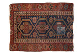Hand-knotted Antique Kurdish fragment, navy lattice, red borders, visible patch, 2'4