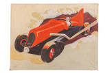 Vintage 1940s folk art painting of a man in a red race car, 36x27.5 inches.