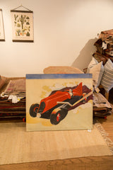 Vibrant red race car with driver in a vintage folk art painting.