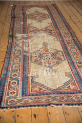 Antique Serab runner's wide border with meandering vine, pawn motifs, indigo, madder, beige, and wear.