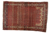 Antique Hamadan rug, ruby red allover boteh pattern with ivory accents and unique asymmetrical end.