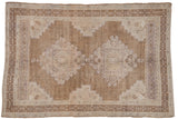Vintage Distressed Oushak carpet with double medallion, stepped designs, abrashed coffee brown field.