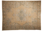 Vintage Distressed Oushak Carpet, faded ivory field, mallard green quatrefoil medallion, scrolling vines.