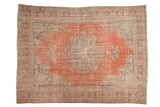 Distressed vintage Oushak carpet, central medallion in pale brick red, blue, mint, ivory, 6'7x8'9.
