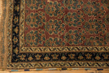 Fine antique Afshar rug corner: aubergine field, teal botehs, and detailed navy blue borders.