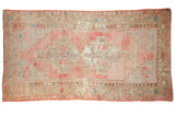 Vintage distressed Oushak runner, double geometric medallion, blush, rose, beige, aqua colors.