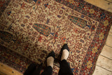 Antique Afshar rug detail: rare allover tree of life design on scarce ivory ground.