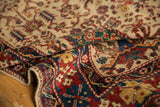 Antique Afshar rug pile with rare tree of life motifs on ivory, featuring brick red and mallard green.