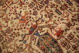 Hand-knotted antique Afshar rug detail: ivory ground, tree of life motif in red, green, blue, with faint foundation.