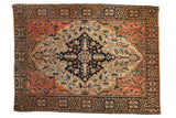 Antique Persian Farahan Sarouk square rug: bold navy medallion, ivory-blush field, palmette border, 3'6