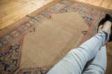Antique Serab rug detail: wide blush, sky blue borders, Herati corner, lattice field.