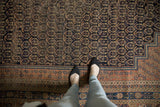 Antique Afshar carpet showing germinating seed boteh pattern on navy with terra cotta border.