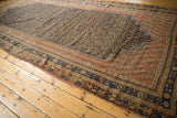 Geometric and stylized floral border details of an antique Afshar carpet in navy and terra cotta.