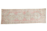 Distressed Oushak runner, muted rose, ivory, pale green, Rococo medallions. 3'5
