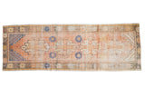 Vintage Distressed Oushak rug runner, pale rust apricot with cobalt floral motifs, 3'2
