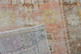 Distressed Oushak hand knotted pile, mostly even wear, pale rust, silver tones, exposed foundation.