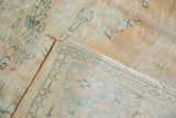 Distressed vintage Oushak carpet texture, with knot heads, faded beige, pale gold, and mint.