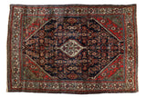 Vintage Persian Engelas rug, navy blue Herati field, diamond medallion, 4'7
