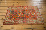 Antique Malayer rug with allover vinery in tomato red and brown, seen from an elevated angle.