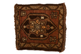 Hand-knotted Vintage Oushak square rug with copper, dark brown, tangerine floral medallion.