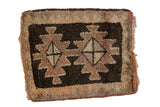 Vintage Oushak square rug mat with geometric double starburst, charcoal, mauve, tangerine, beige thick pile.