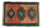 Vintage Distressed Oushak rug mat with triple gul medallions, abrashed blush field, aqua accents, 1'9