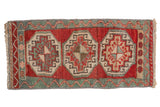 Distressed Oushak rug mat, triple guls, cherry red, sky blue, beige, 1'4