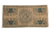 Distressed Oushak rug runner, apricot beige with faded scalloped medallion and turquoise motifs. 1'8