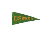 Vintage green felt Oswego pennant with yellow 'OSWEGO' lettering and subtle creasing, 4x8 inches.