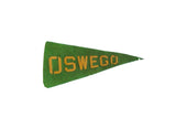 Vintage Oswego felt pennant flag, green with yellow block letters, circa 1950s, 4x8 inches.