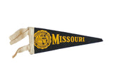 Mini vintage University of Missouri felt pennant, black with yellow seal and text, 4x8 inches.
