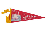 Red vintage Cape May New Jersey felt pennant with sailboat and lighthouse graphic. 5x12.