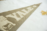 Angled close-up of a vintage Yale felt pennant with cream YALE lettering and bulldog graphic.