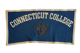 Vintage Connecticut College felt banner, deep blue with cream lettering and distressed central seal.