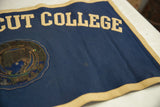 Aged navy blue felt banner with tan border, showing fabric texture and wear.