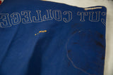 Vintage Connecticut College felt banner with reversed 'COLLEGE' text, blue felt and age wear.