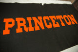 Orange felt 'PRINCETON' lettering on a black vintage banner, showing edge wear.