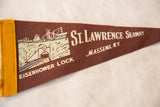Cream St. Lawrence Seaway Massena, N.Y. text on vintage brown felt pennant.