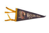 Vintage dark blue felt pennant, Watkins Glen NY, 1950s Native American headdress.