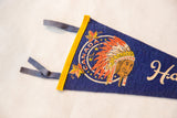 Vintage blue Halifax Canada felt pennant with yellow binding, ties, and headdress graphic.